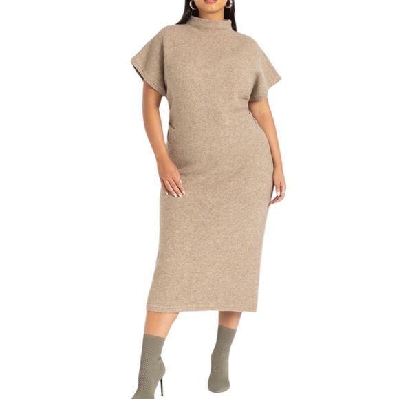 NEW ELOQUII 18/20 Short Sleeve Sweater Dress Oatmeal Neutral CozyCore Ruched - Picture 1 of 13